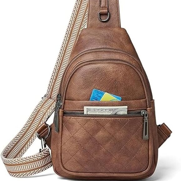 LATMAP Sling Bag For Women Fanny Pack Faux Leather  Backpack Brown NWT - Picture 2 of 14